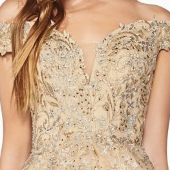 Champagne gold formal evening ball gown off shoulder - Picture 2 of 7